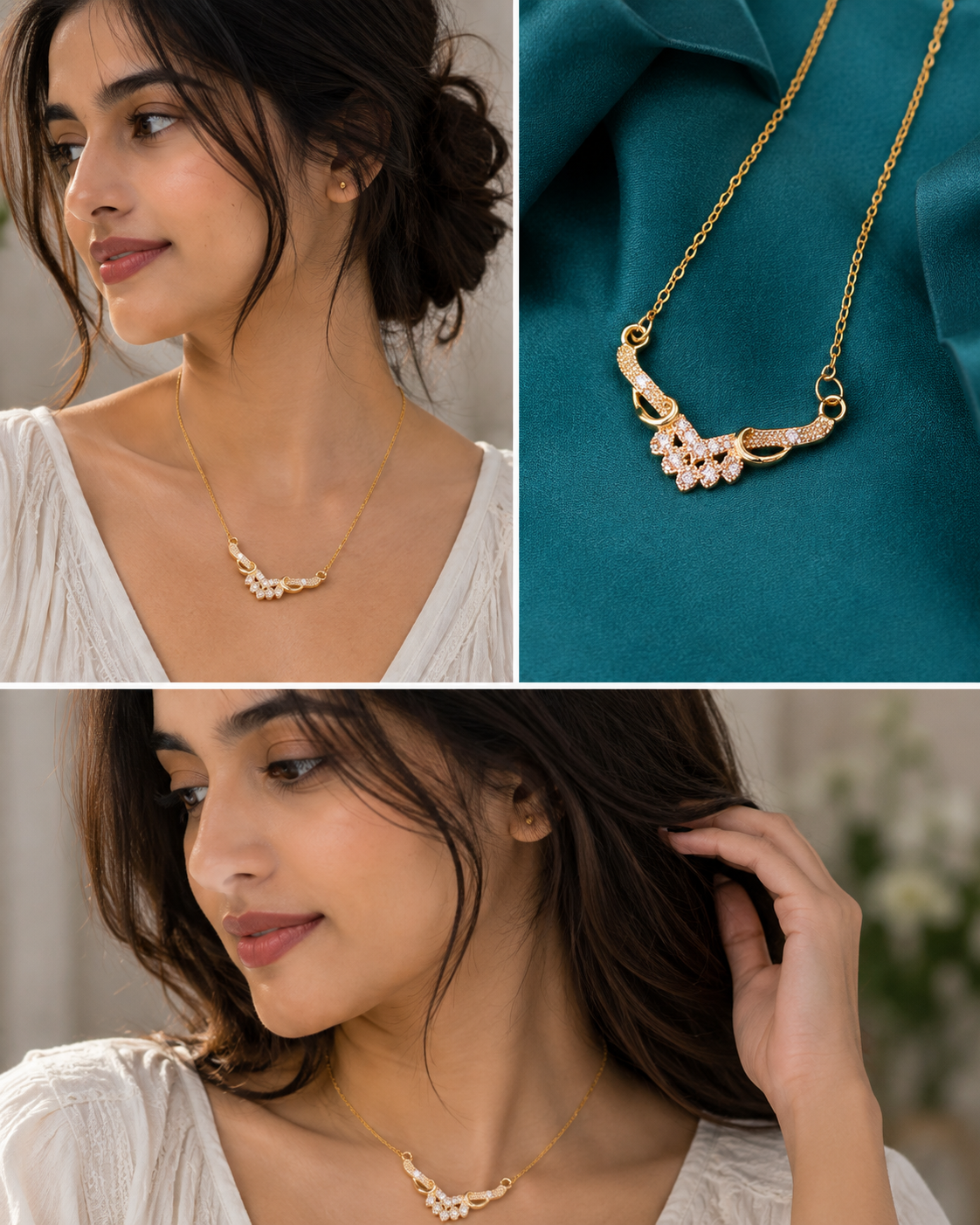 Gold Plated Floral Cluster Necklace – Elegant V-Pendant for Women