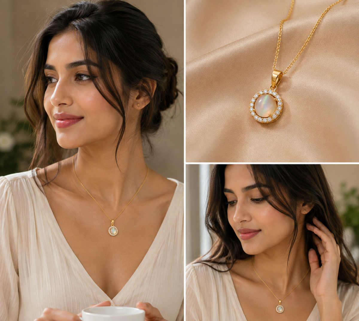 Opal Pendant Necklace – Elegant Crystal Halo Design