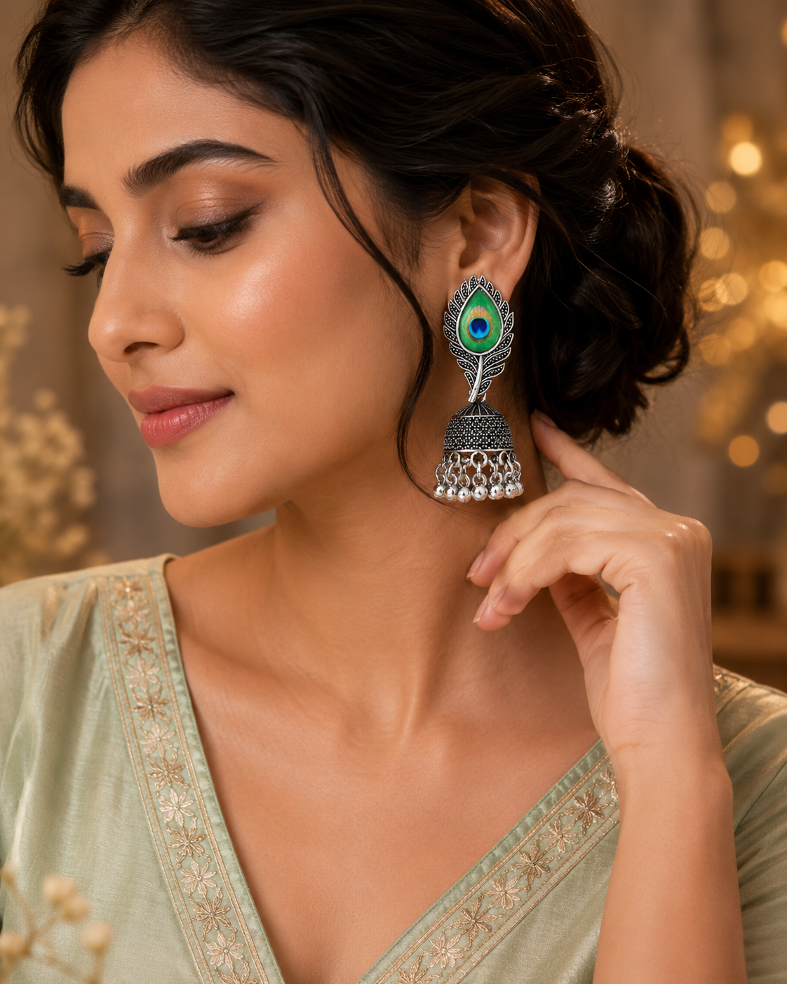 Oxidised Silver Jhumka Earrings – Elegant Peacock Feather...