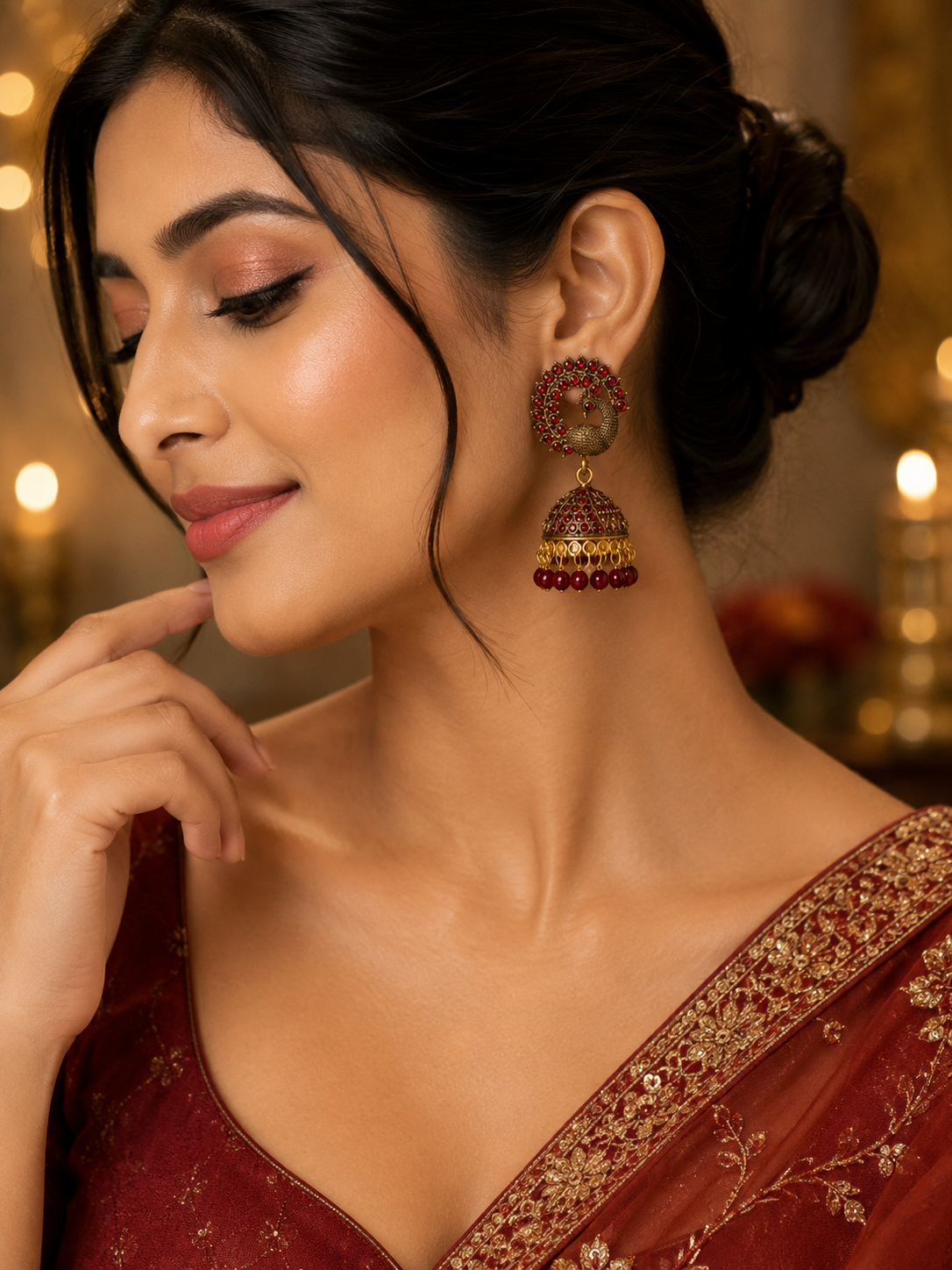 Peacock Jhumka Earrings – Royal Maroon Antique Gold Finish