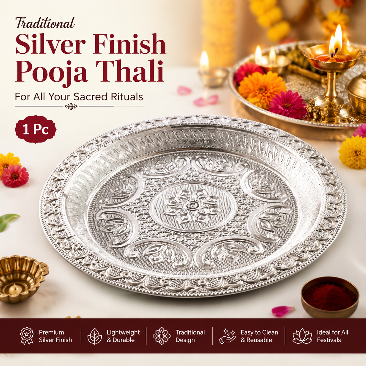 Traditional Silver Finish Plastic Pooja Thali (1 Pc)