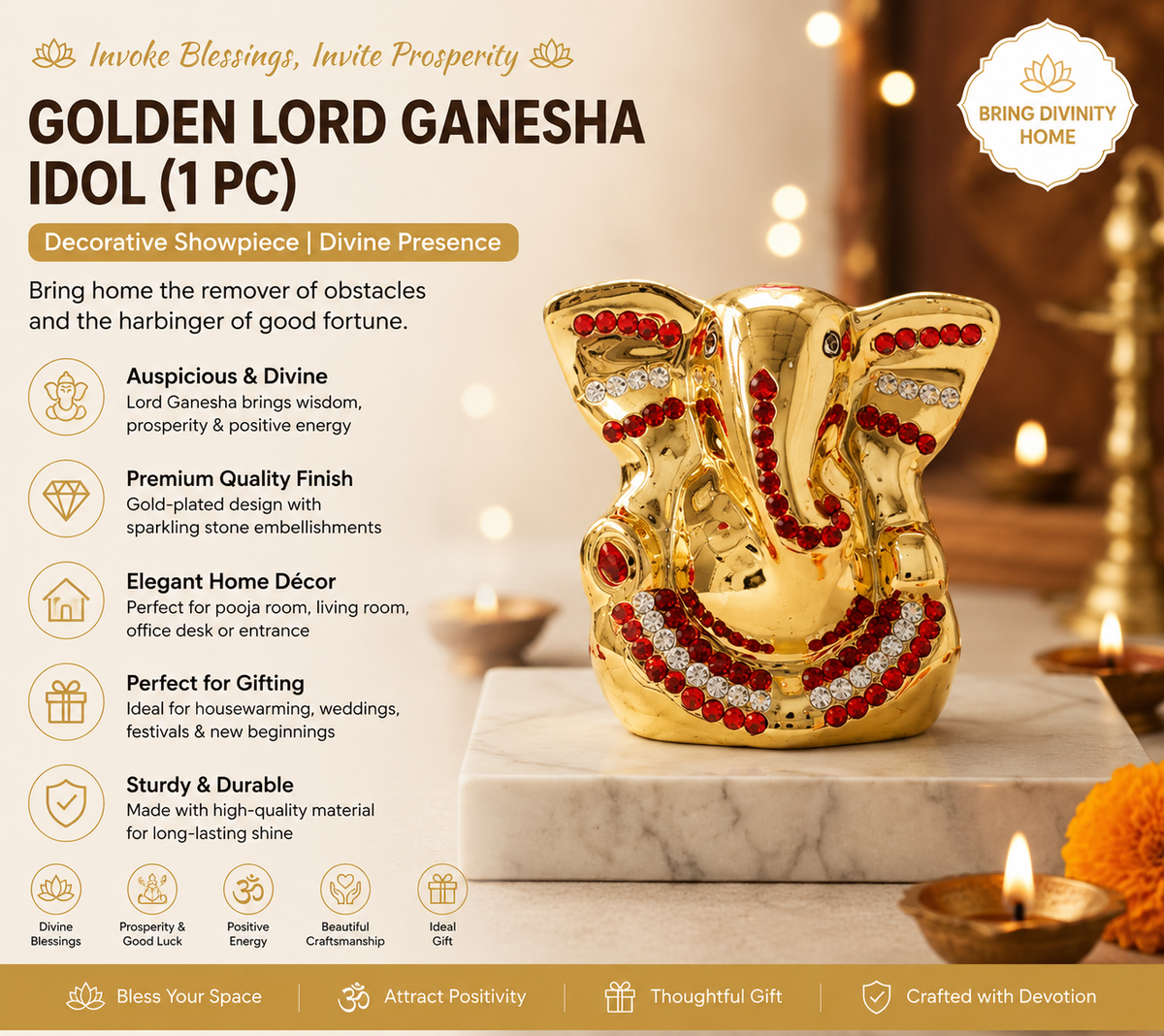 Golden Lord Ganesha Idol Decorative Showpiece (1 Pc)