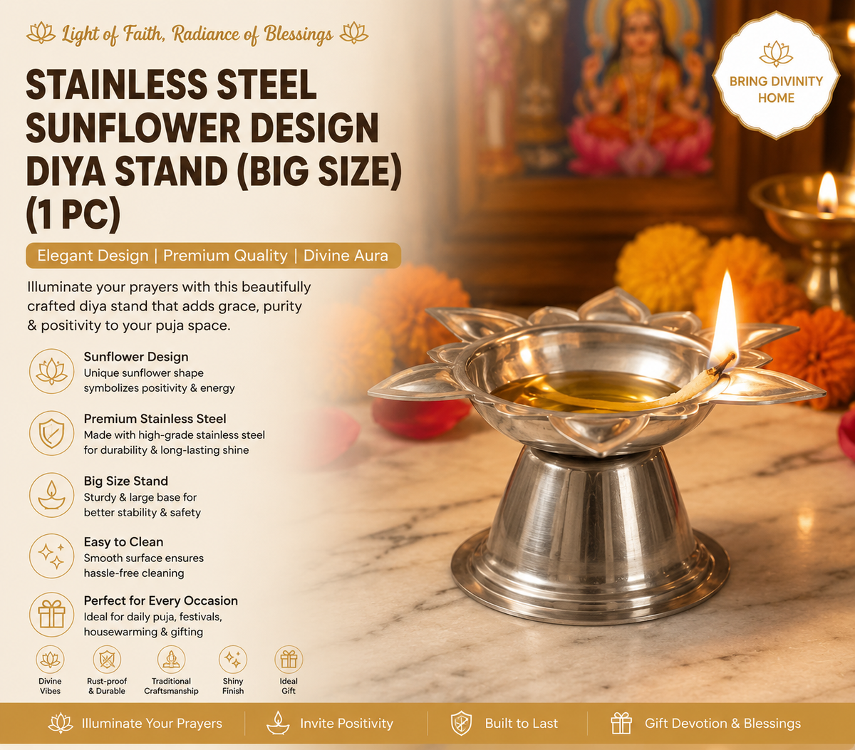 Stainless Steel Sunflower Design Diya Stand (Big Size) (1 Pc)