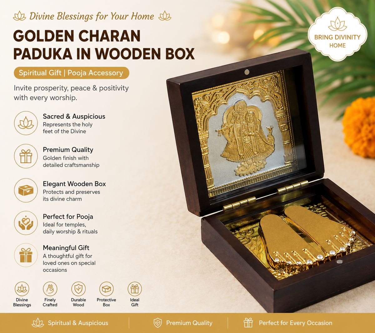 Golden Charan Paduka In Wooden Box Spiritual Gift Pooja Accessory