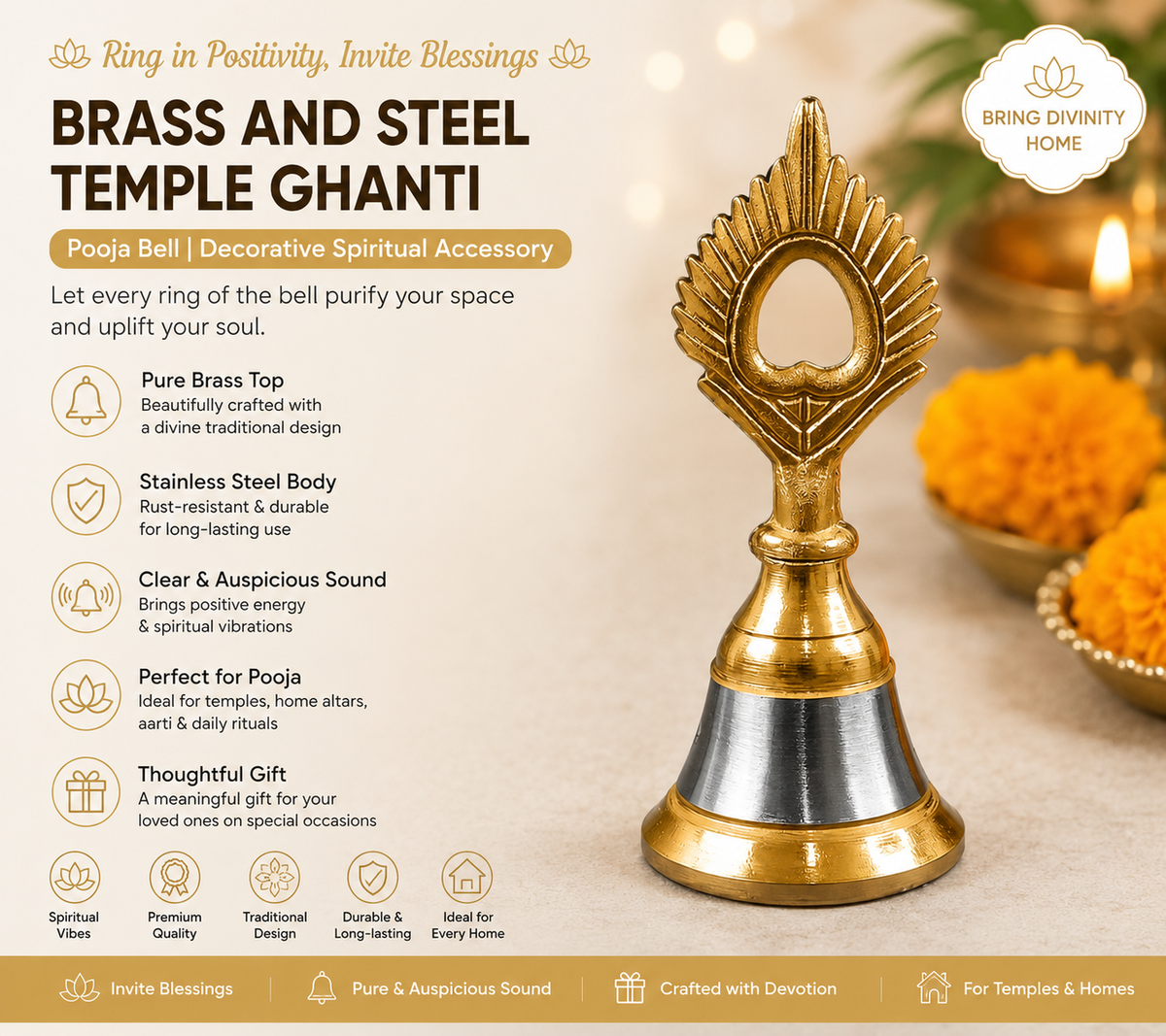 Brass And Steel Temple Ghanti (Pooja Bell) Decorative Spiritual Accessory