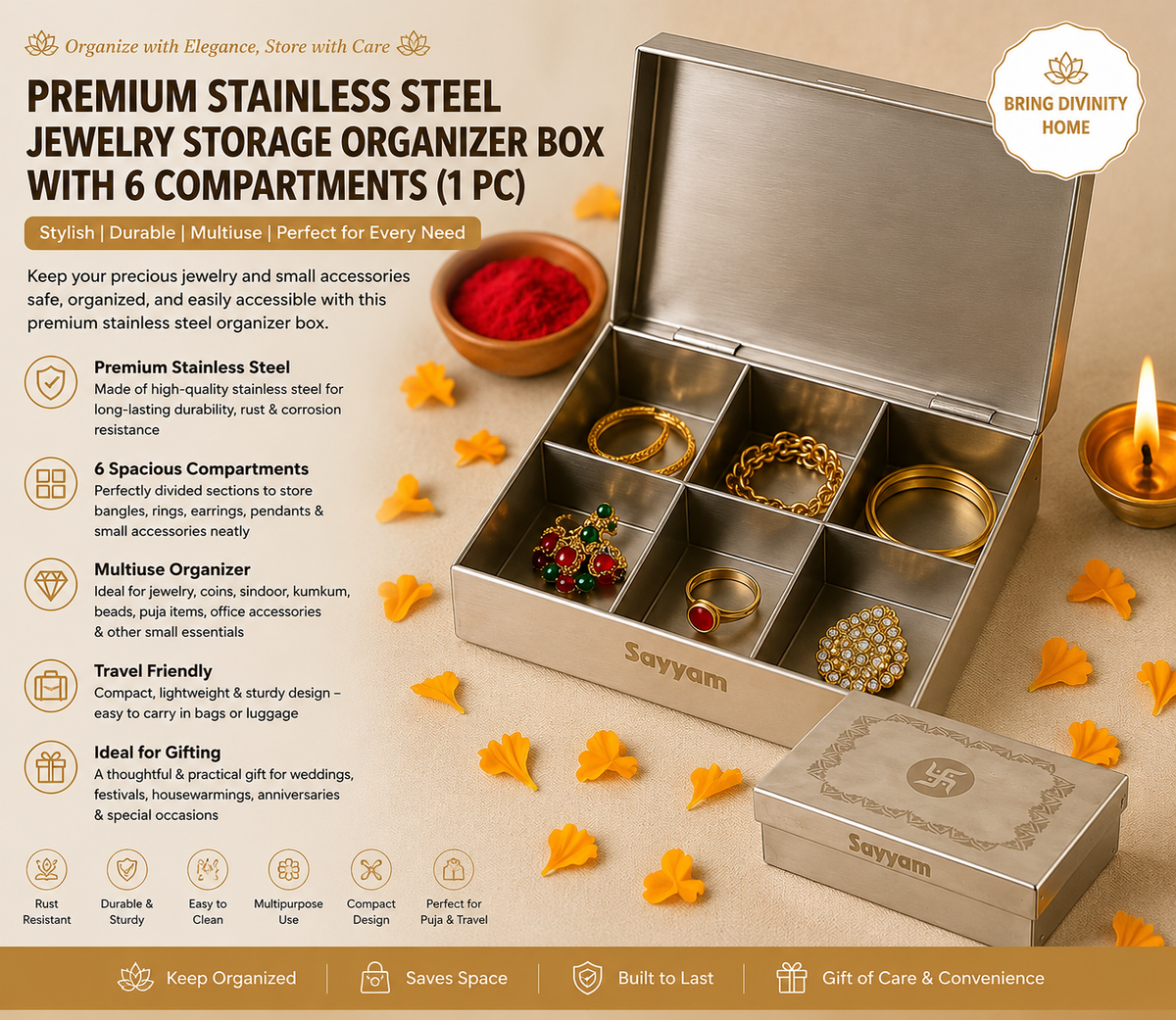 Multipurpose Premium Stainless Steel Jewelry Storage Organizer Box With 6 Compartments (1 Pc)