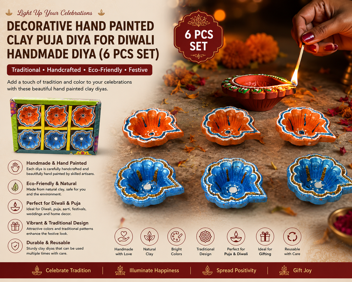 Decorative Hand Painted Clay Puja Diya For Diwali Handmade Diya (6 Pcs Set)