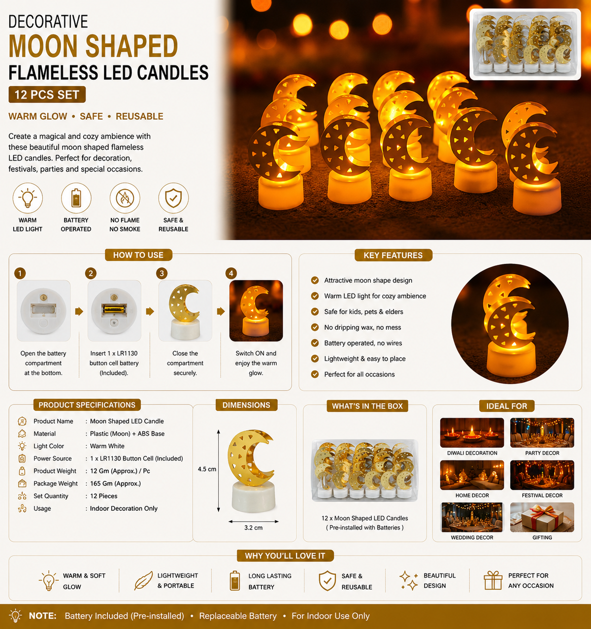 Decorative Moon Shaped Flameless Led Candles (12 Pc)