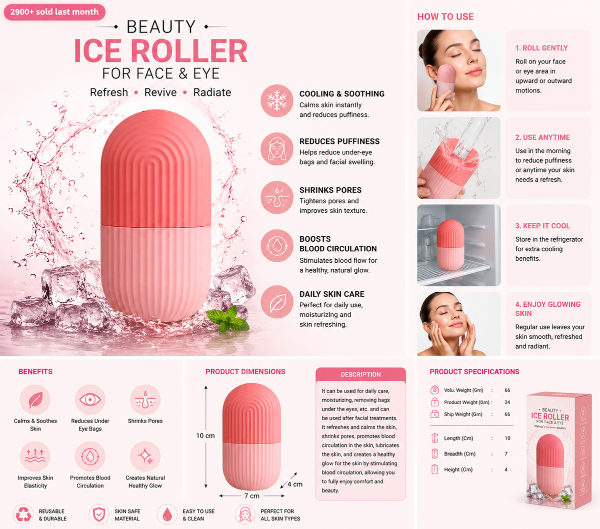 Beauty Face Massage Ice Roller for Face &amp; Eye Reusable Face Rollers Facial Roller