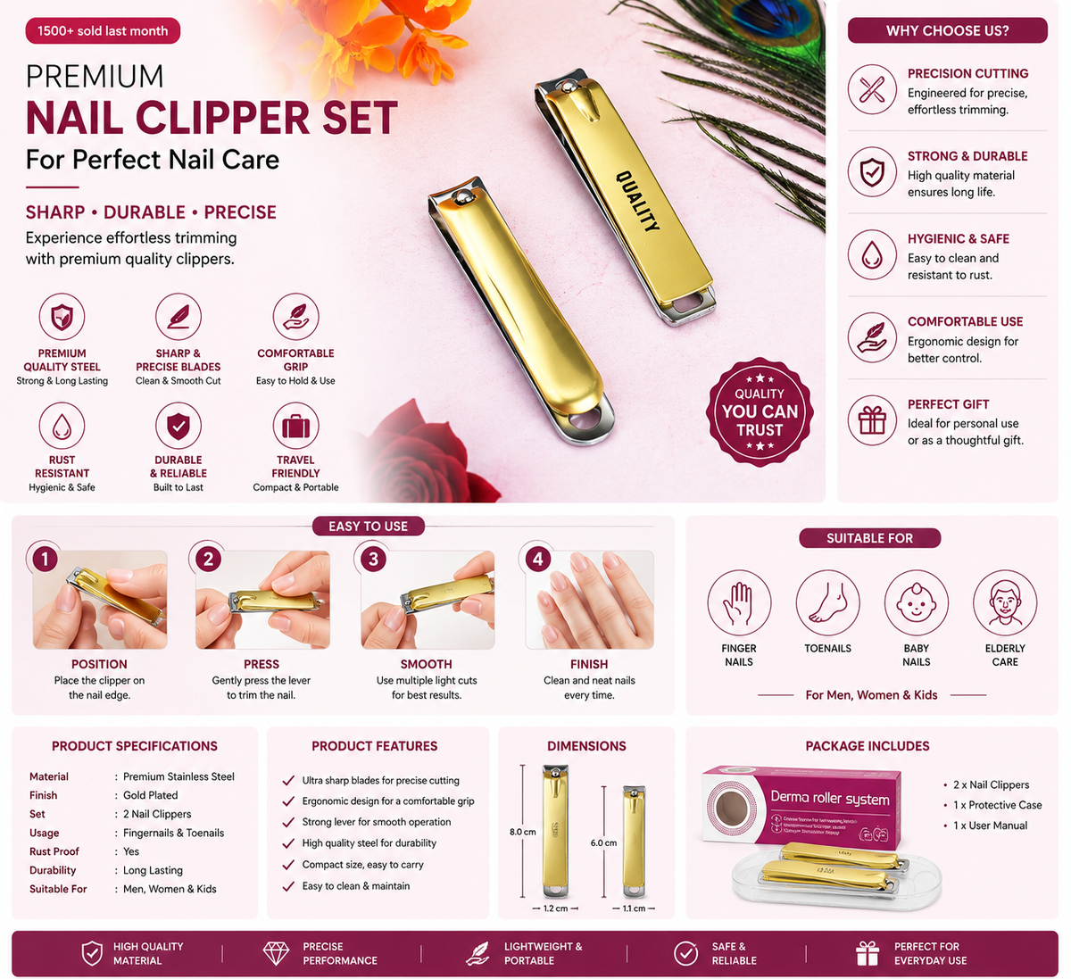 Stainless Steel Folding Portable Large Nail Clippers With Nail File (1 Pc)