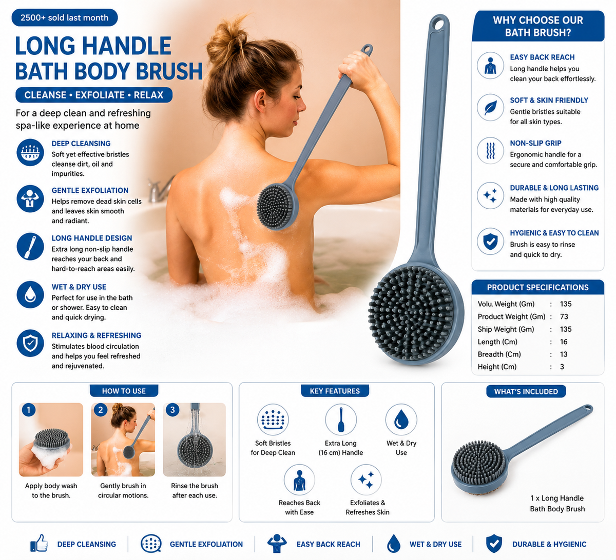 Silicone Back Scrubber Brush With Long Handle (1 Pc)