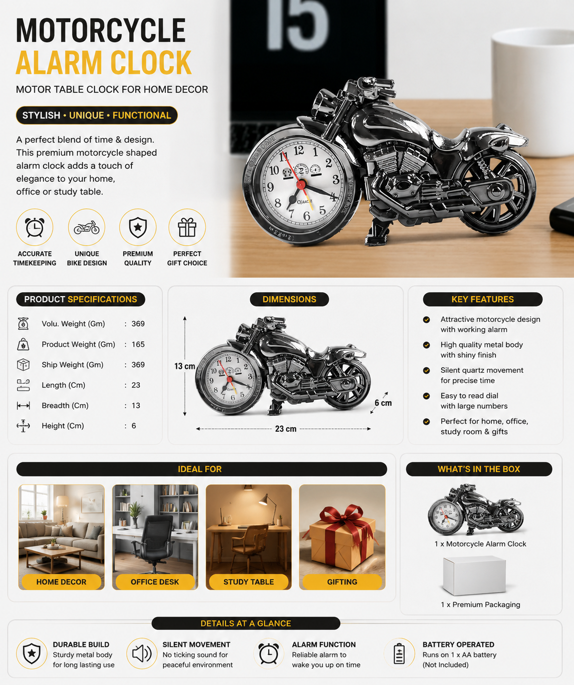 Motorcycle Alarm Clock Motor Table Clock For Home Decor (1 Pc)