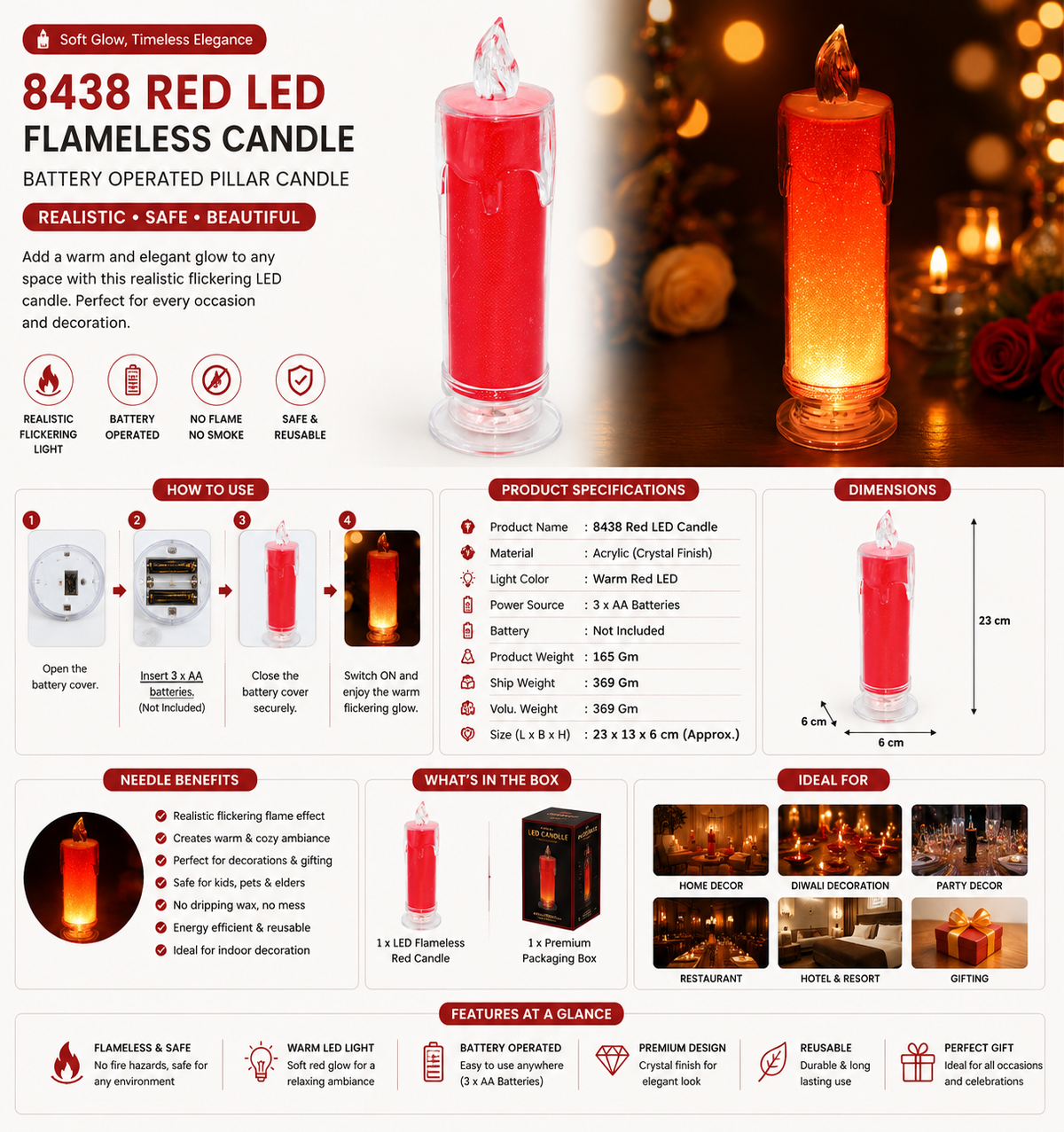8438 Red Led Flameless Candles Battery Operated Pillar Candles Flickering Realistic Decorative Lamp Votive Transparent Flameless Ornament Tea Party Decorations For Hotel Scenehome Decor Restaurant Diwali Decoration Candle Crystal Lamp (1 Pc)