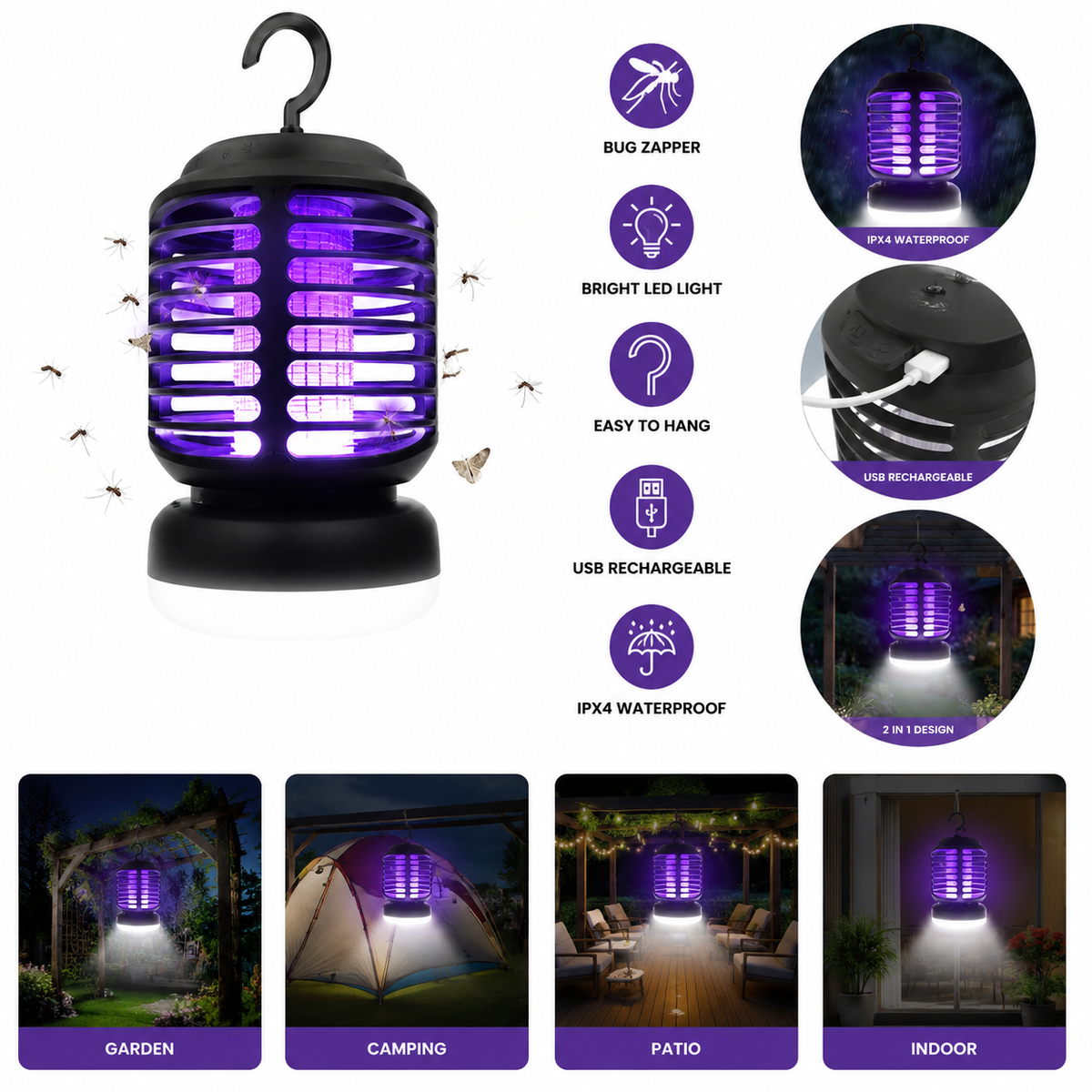 Electric Shock Mosquito Killer Lamp – Rechargeable UV LED Zapper