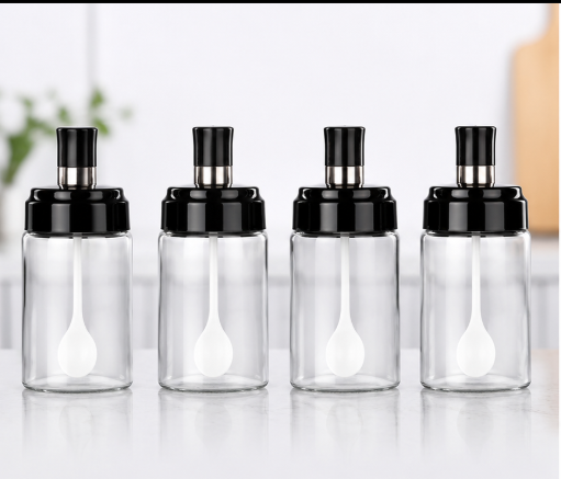 Transparent Spice Jar Set With Spoon Airtight Lid (4 Pc)