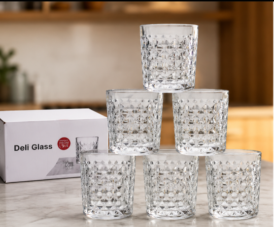 Premium 6-Piece Crystal-Style Glass Tumbler Set â€“ Textured Diamond-Cut Design Drinking Glasses for Water, Juice, Whisky & Cocktails â€“ Elegant Glassware for Home, Bar & Kitchen (6 Pc / 210 ML)