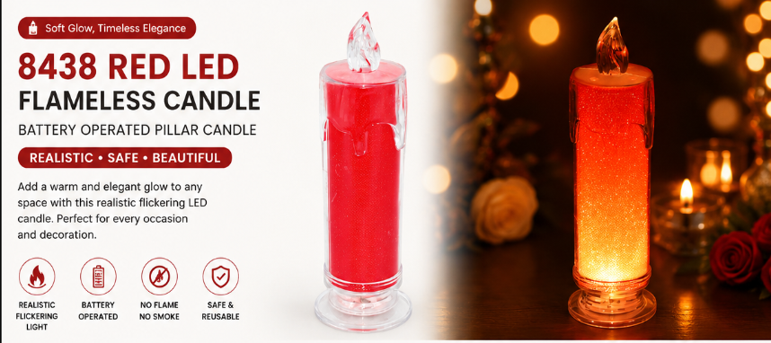 8438 Red Led Flameless Candles Battery Operated Pillar Candles Flickering Realistic Decorative Lamp Votive Transparent Flameless Ornament Tea Party Decorations For Hotel Scenehome Decor Restaurant Diwali Decoration Candle Crystal Lamp (1 Pc)