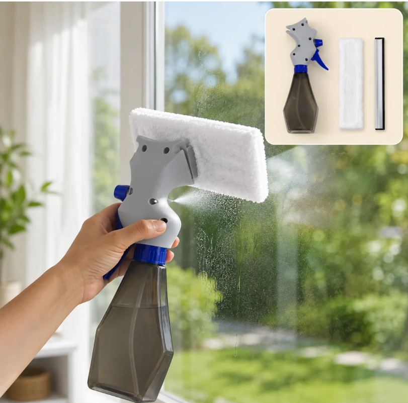 Glass Cleaner Brush – 3-in-1 Spray Type Tool | Velvet Wipe