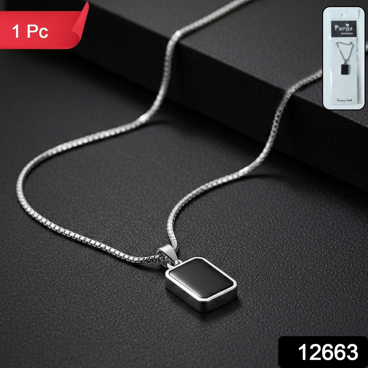Men's Stainless-Steel Pendant Chain – Sleek Black Rectangle