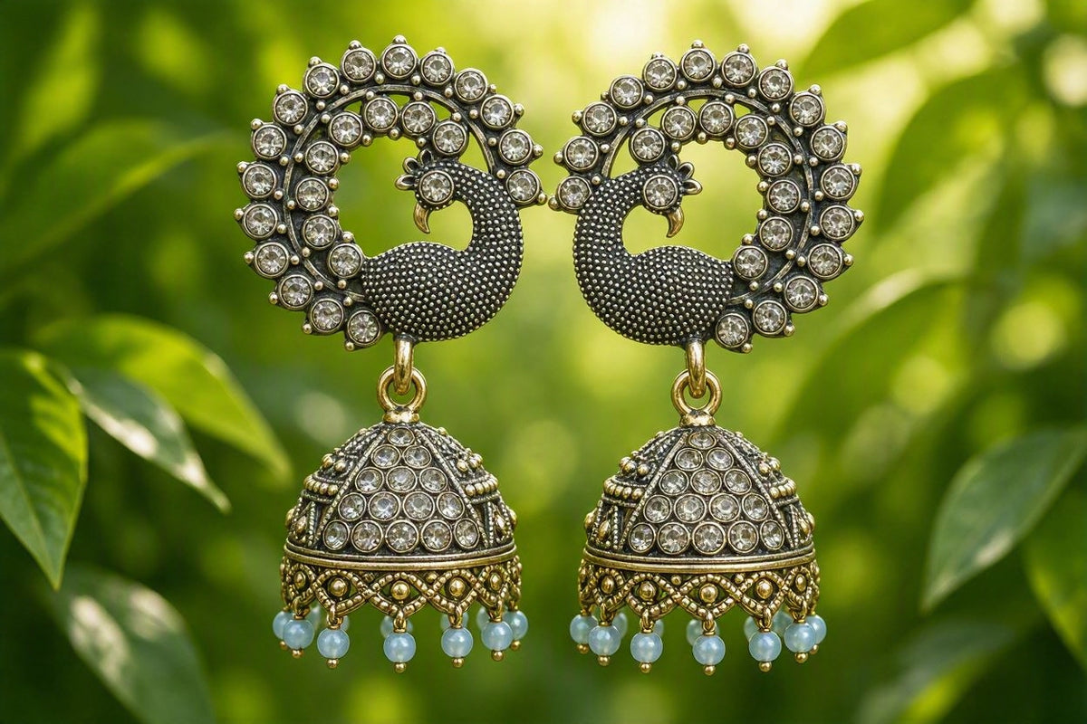 Peacock Jhumka Earrings – Emerald Green Stones