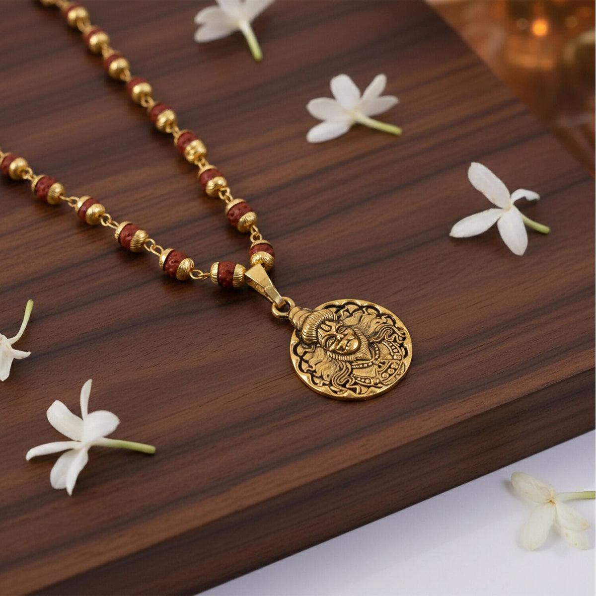 Hanuman Pendant – Gold Plated with Rudraksha Beads