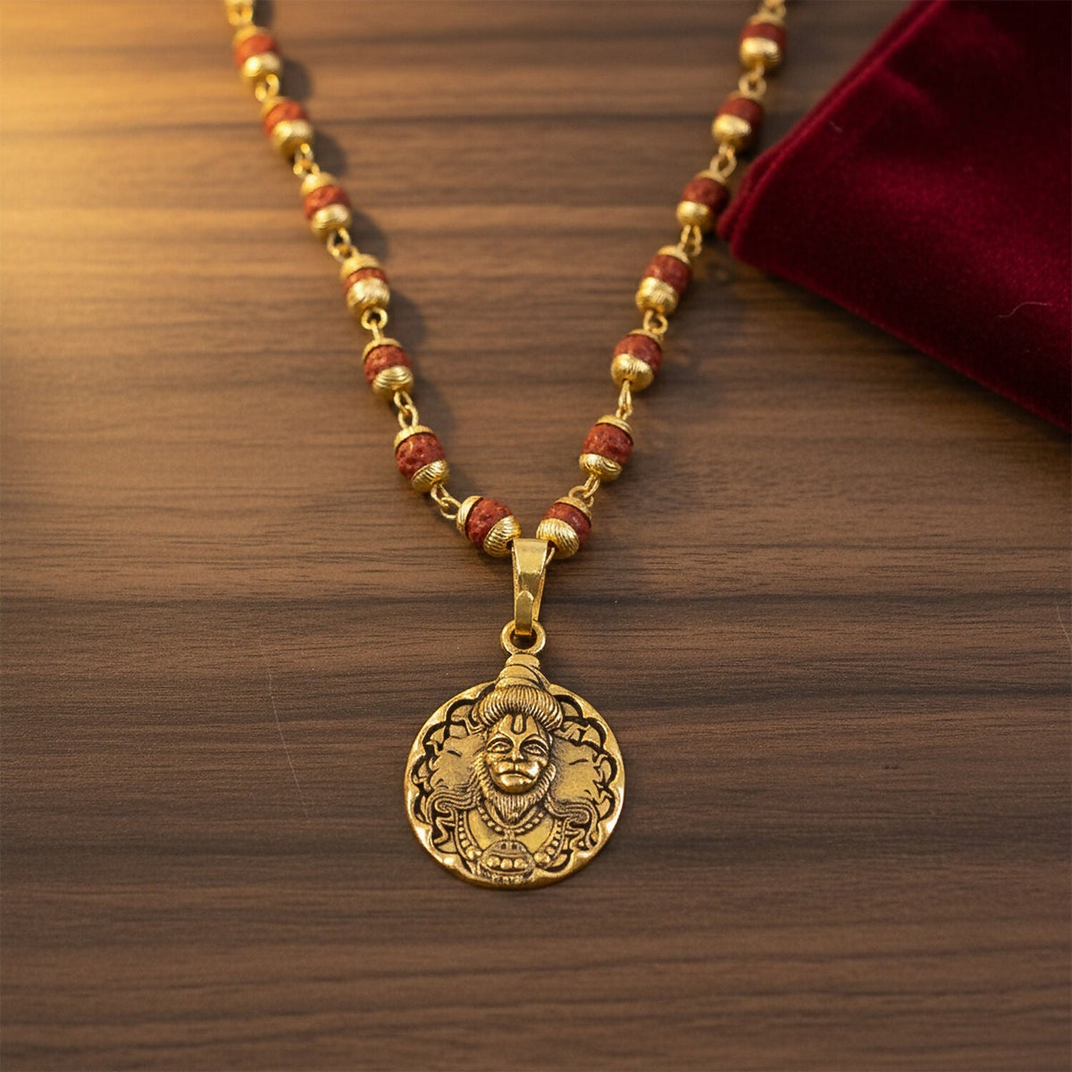 Hanuman Pendant – Gold Plated with Rudraksha Beads